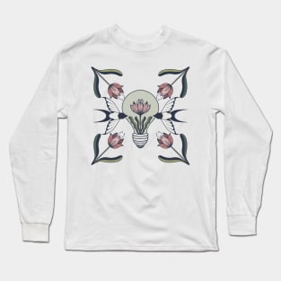 Folk art swallows light bulb and flower tile Long Sleeve T-Shirt